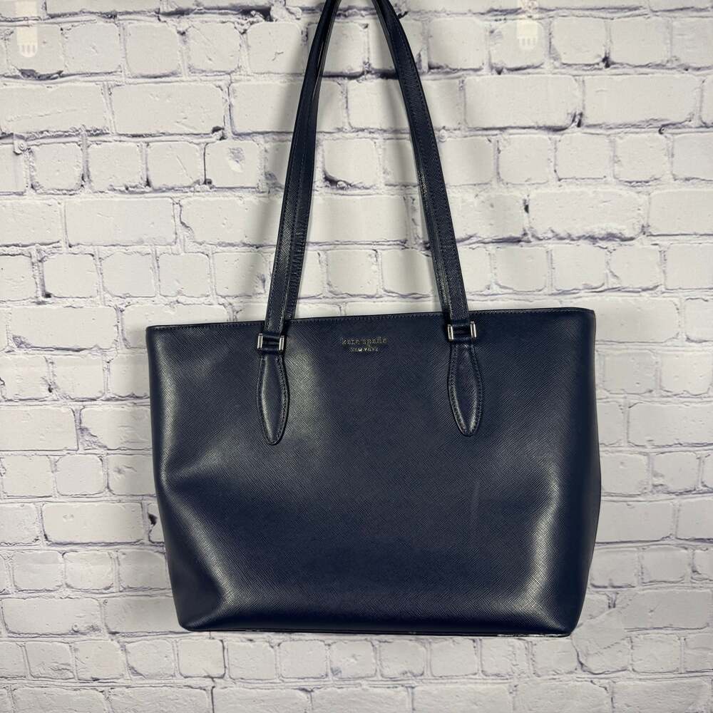 Kate Spade Harper Refined Grain Leather Large Top Zip Shoulder Tote Navy - Picture 1 of 10